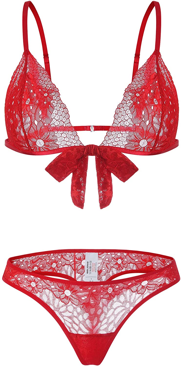 Price:$15.89 Sexy Floral 2 Piece Lace Bridal Lingerie Set with Bow Front Bralette and Red Sheer Thong Panties for Women: Clothing, Shoes & Jewelry