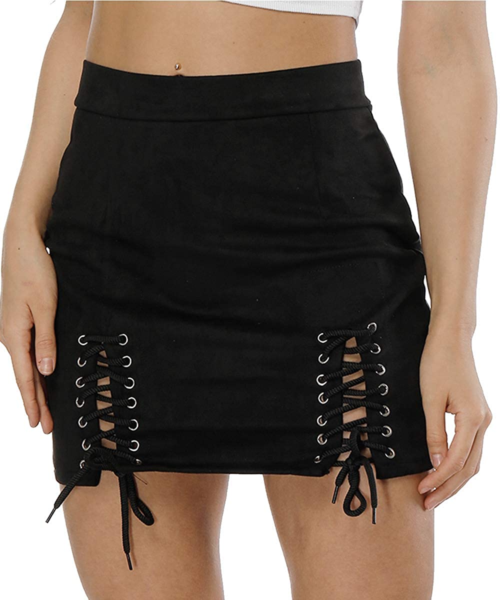 Price:$16.99 Women Sexy Criss Cross Tight Bodycon High Waist Faux Suede Stretch Mini Skirt at Amazon Women’s Clothing store