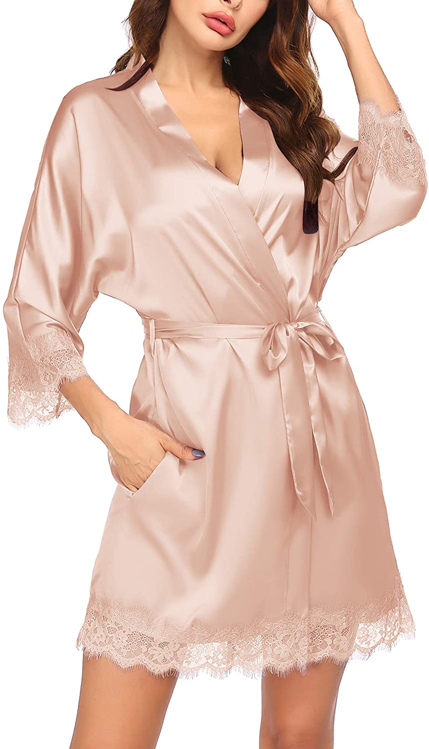 Price:$16.79 Women Satin Kimono Robes Lightweight Silk Bathrobe Lace Trim Bridesmaid Bride Party Robes at Amazon Women’s Clothing store
