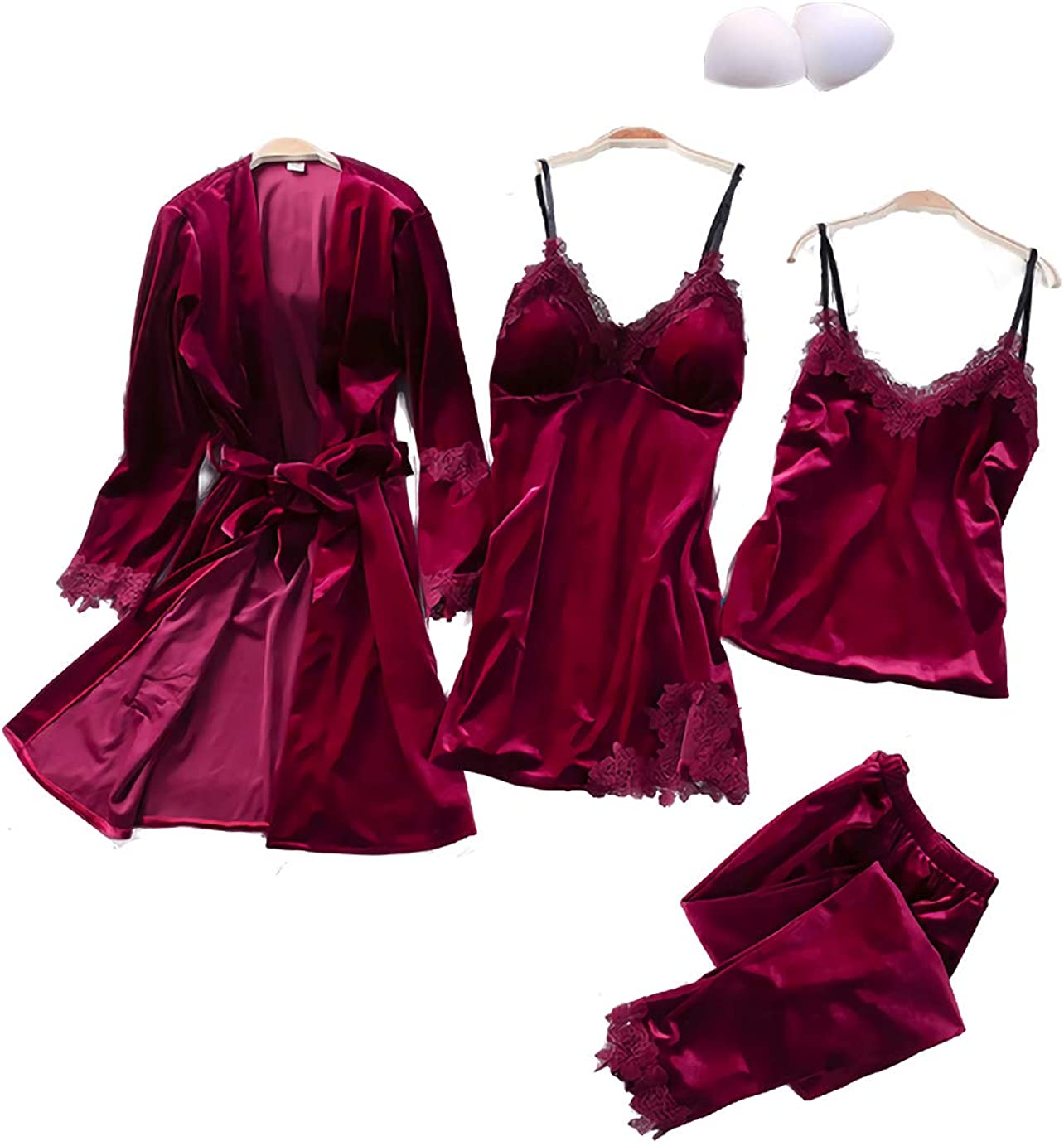 Price:$40.99 Women Sexy Velvet Pajamas Sets Warm Sleepwear Lace V-Neck 4 Piece Sets with Chest Pads at Amazon Women’s Clothing store