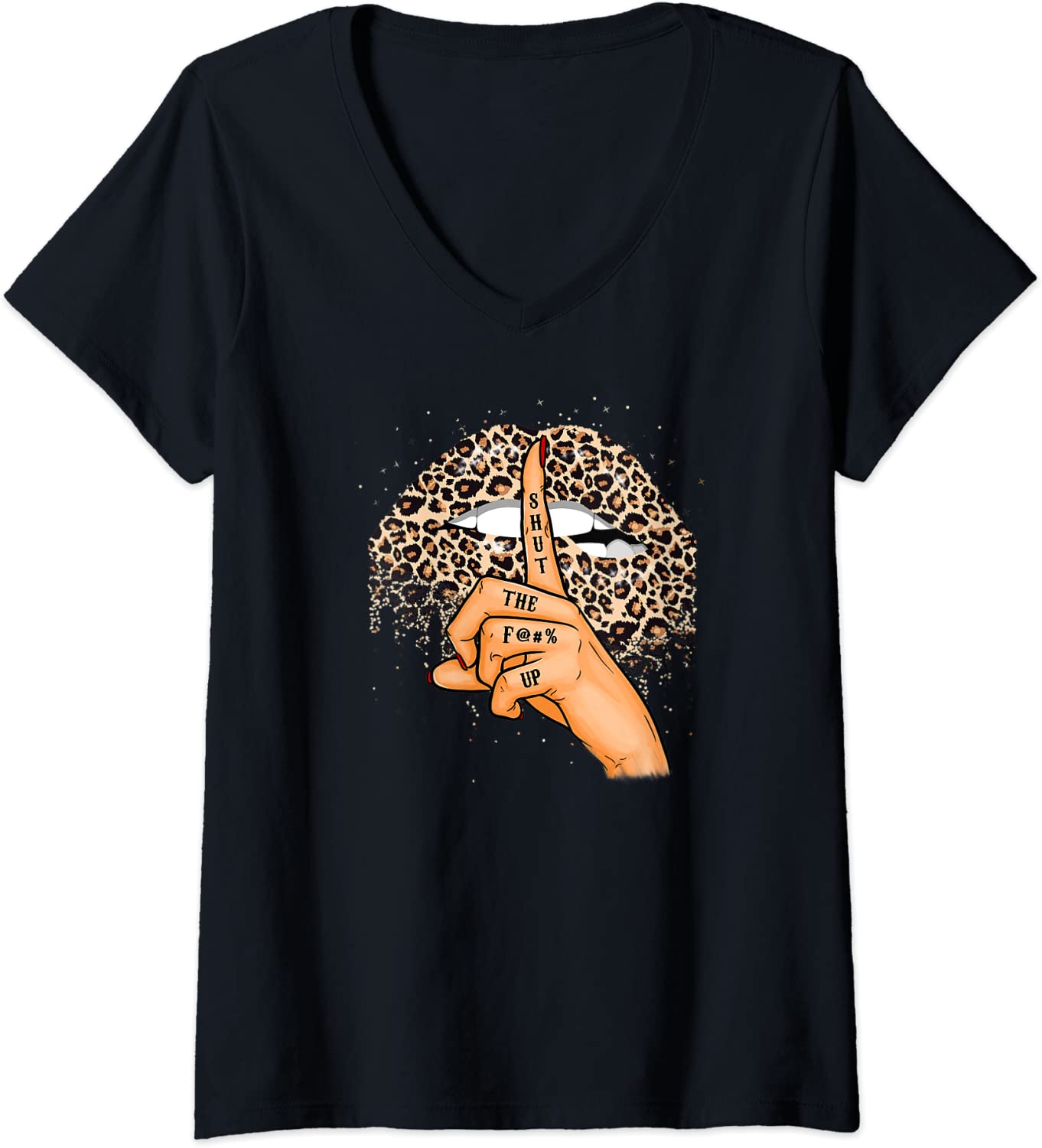 Price:$19.99 Women Mouth Leopard Lips Finger Shut Up Funny Saying Gift V-Neck T-Shirt : Clothing, Shoes & Jewelry