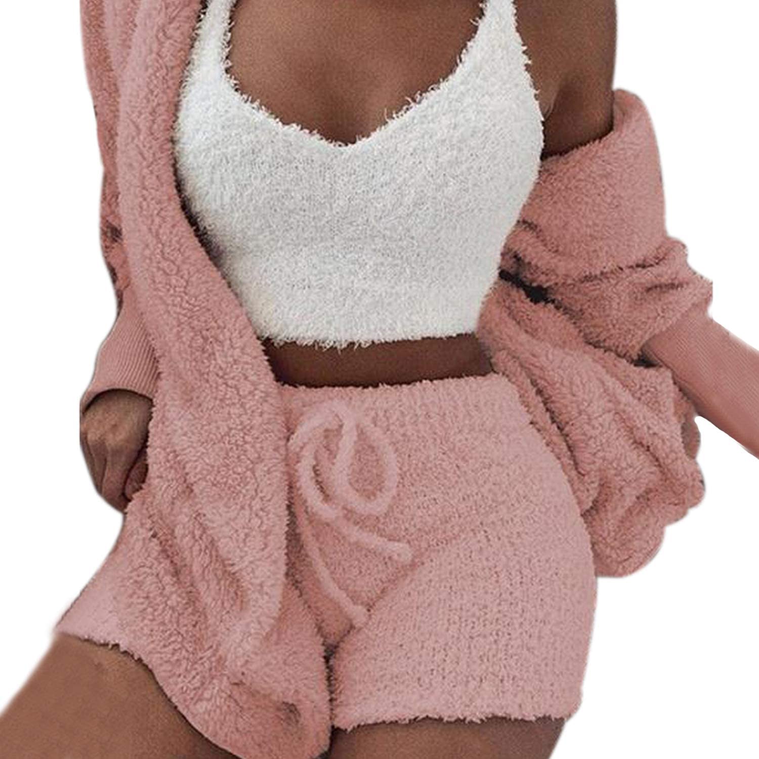 Price:$26.99 Sexy Warm Fuzzy Fleece 3 Piece Outfits Pajamas, Sherpa Coat Jacket Outwear and Spaghetti Strap Crop Top Shorts Set at Amazon Women’s Clothing store