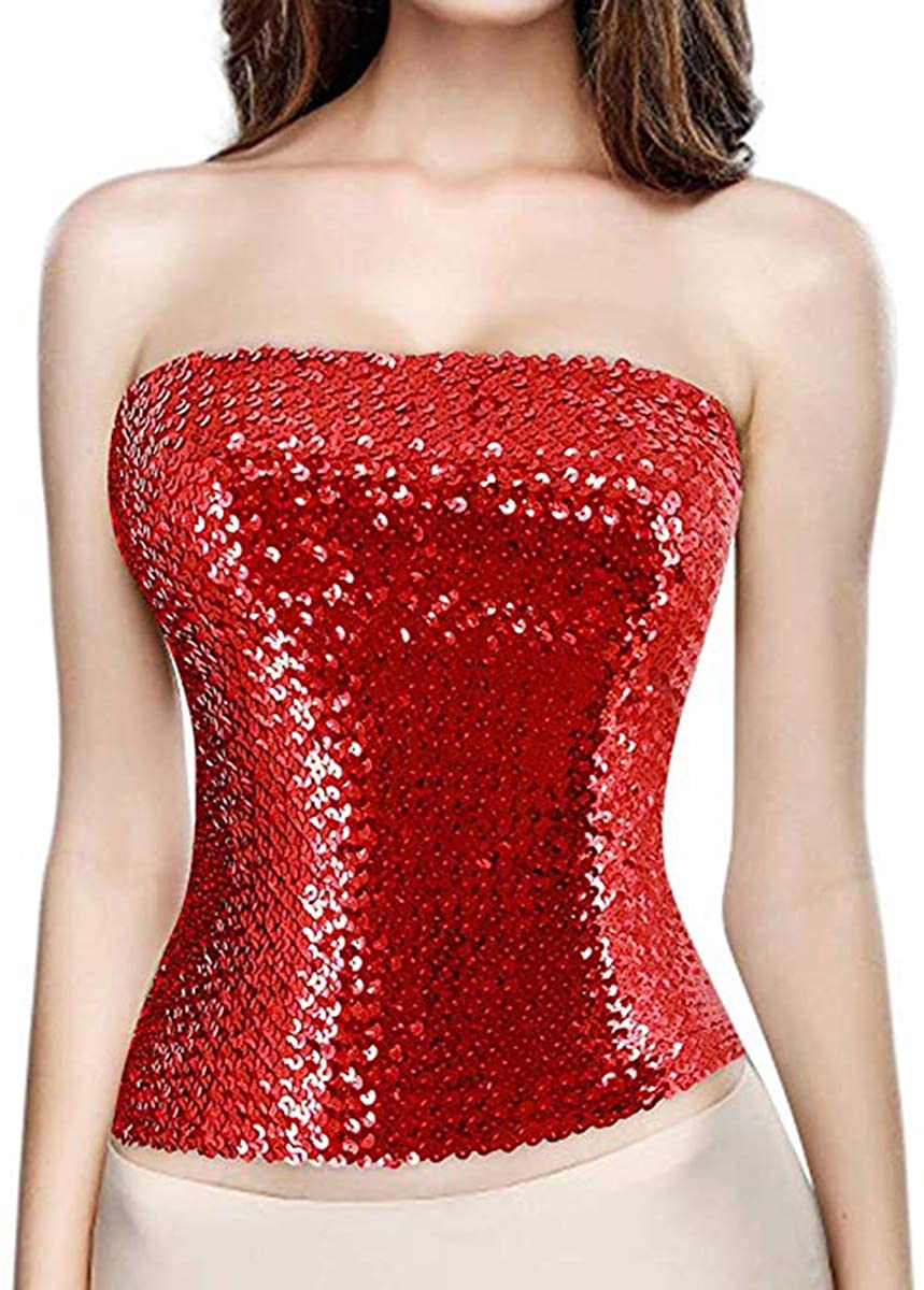 Price:$16.99 Girls Sparkling Sequins Tube Top Strapless Stretchy Tank Top Crop Top Sexy Bra Party Costume Clubwear : Clothing, Shoes & Jewelry