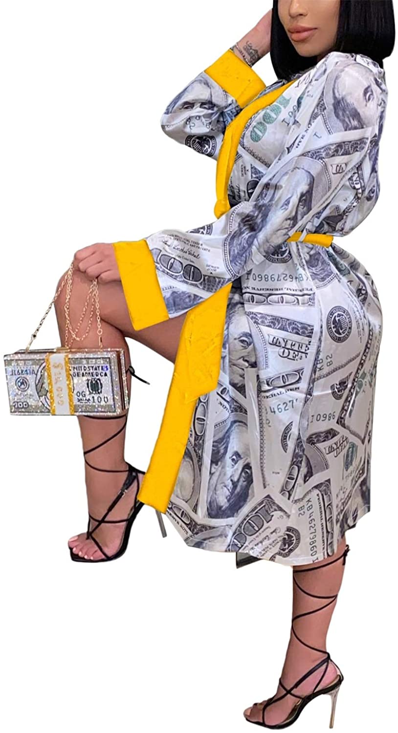 Price:$20.88 Women Satin Pajamas Money Print Open Front Long Sleeve Bridesmaid Bride Party Robes Sleepwear at Amazon Women’s Clothing store
