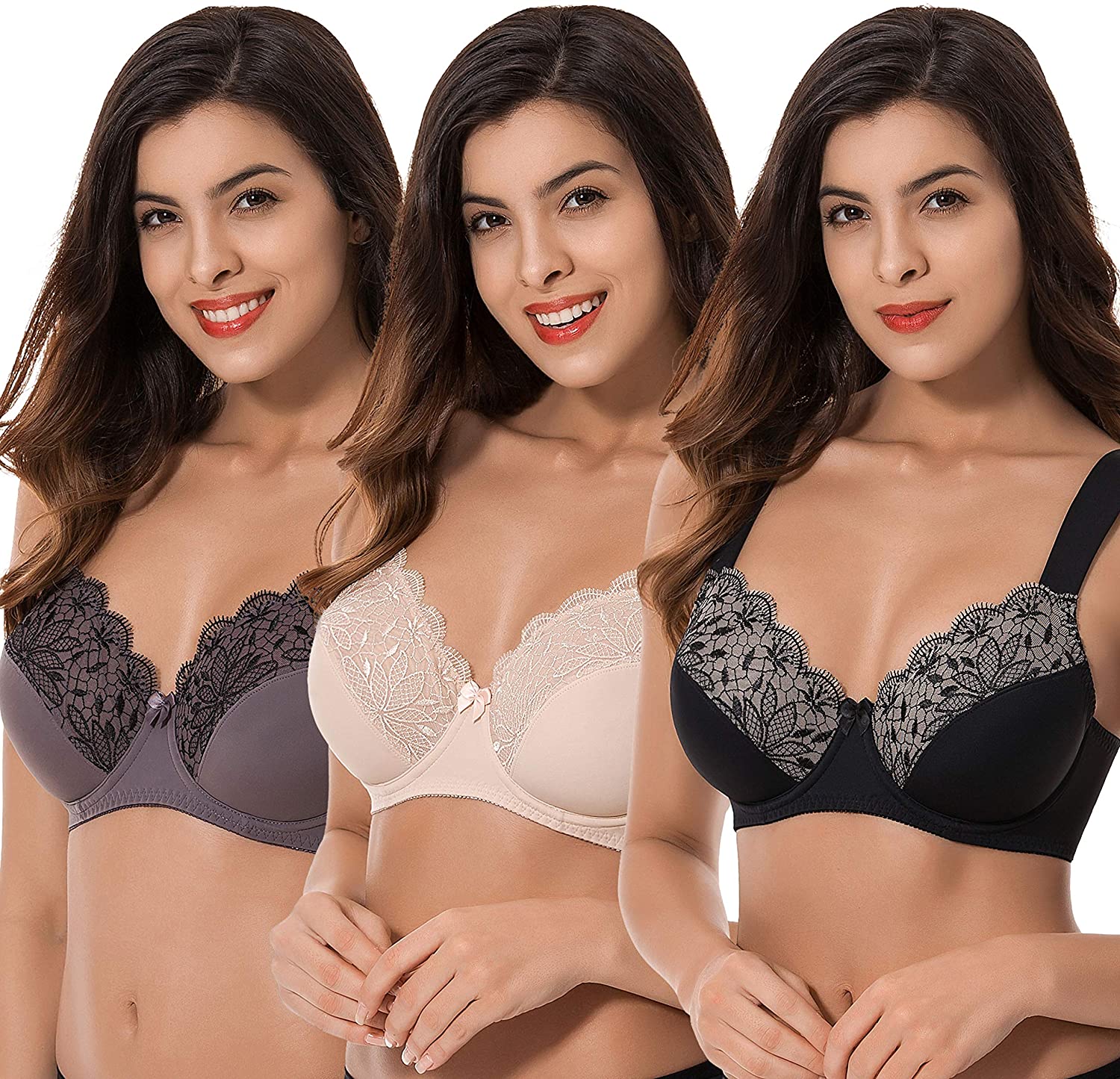 Price:$40.99 Muse Plus Size Unlined Minimizer Underwire Bra with Embroidery Lace-3 Pack at Amazon Women’s Clothing store