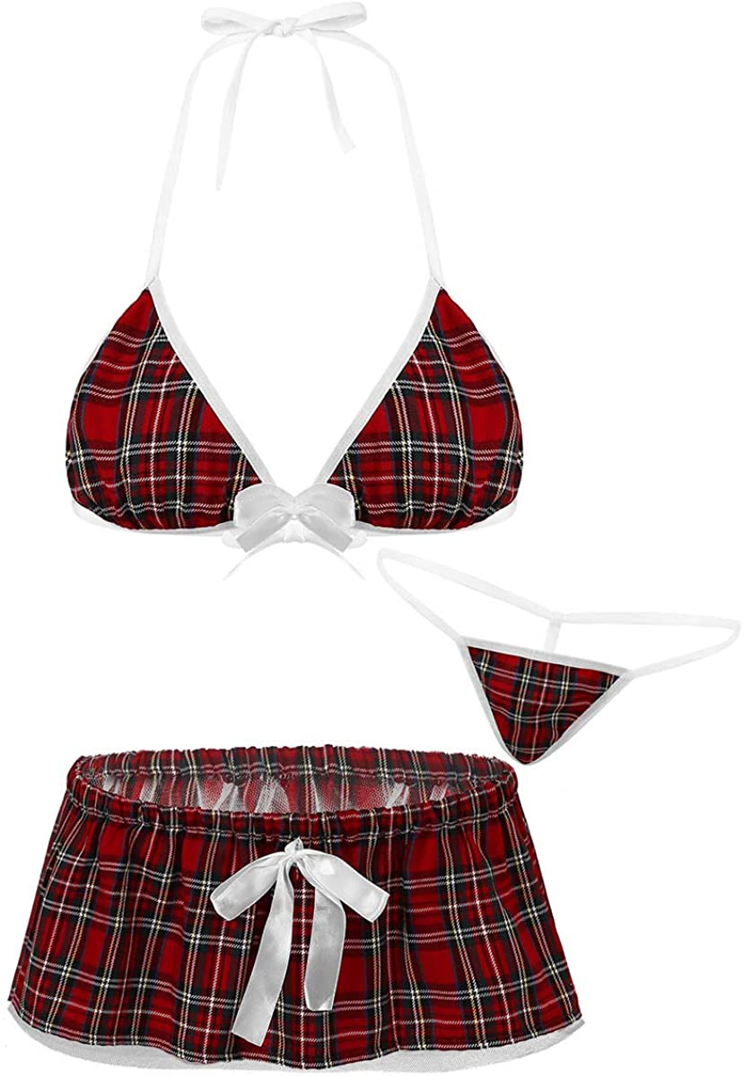 Price:$21.95 3Pcs Womens School Girls Cosplay Costume Lingerie Set Halter Tie-on Bra Top with Mini Plaid Skirt and Briefs Red Large: Clothing, Shoes & Jewelry