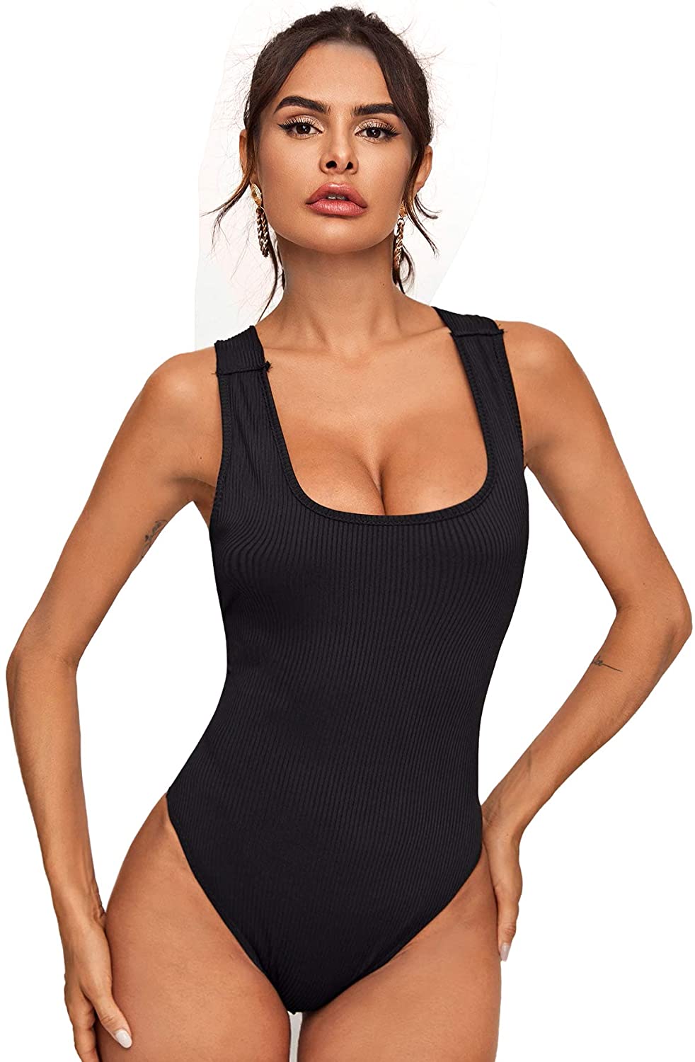 Price:$10.99 Women's Summer Rib Knit Self Belted Strappy Back Square Neck Sleeveless Bodysuit : Clothing, Shoes & Jewelry