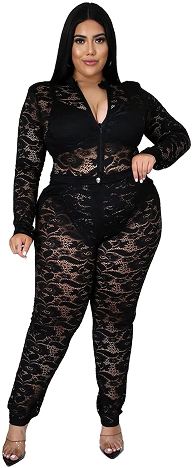 Price:$35.99 Plus Size Floral Lace See Through 2 Piece Jumpsuits Sheer Mesh Bodysuit Tops Skinny Pants Club Long Romper : Clothing, Shoes & Jewelry