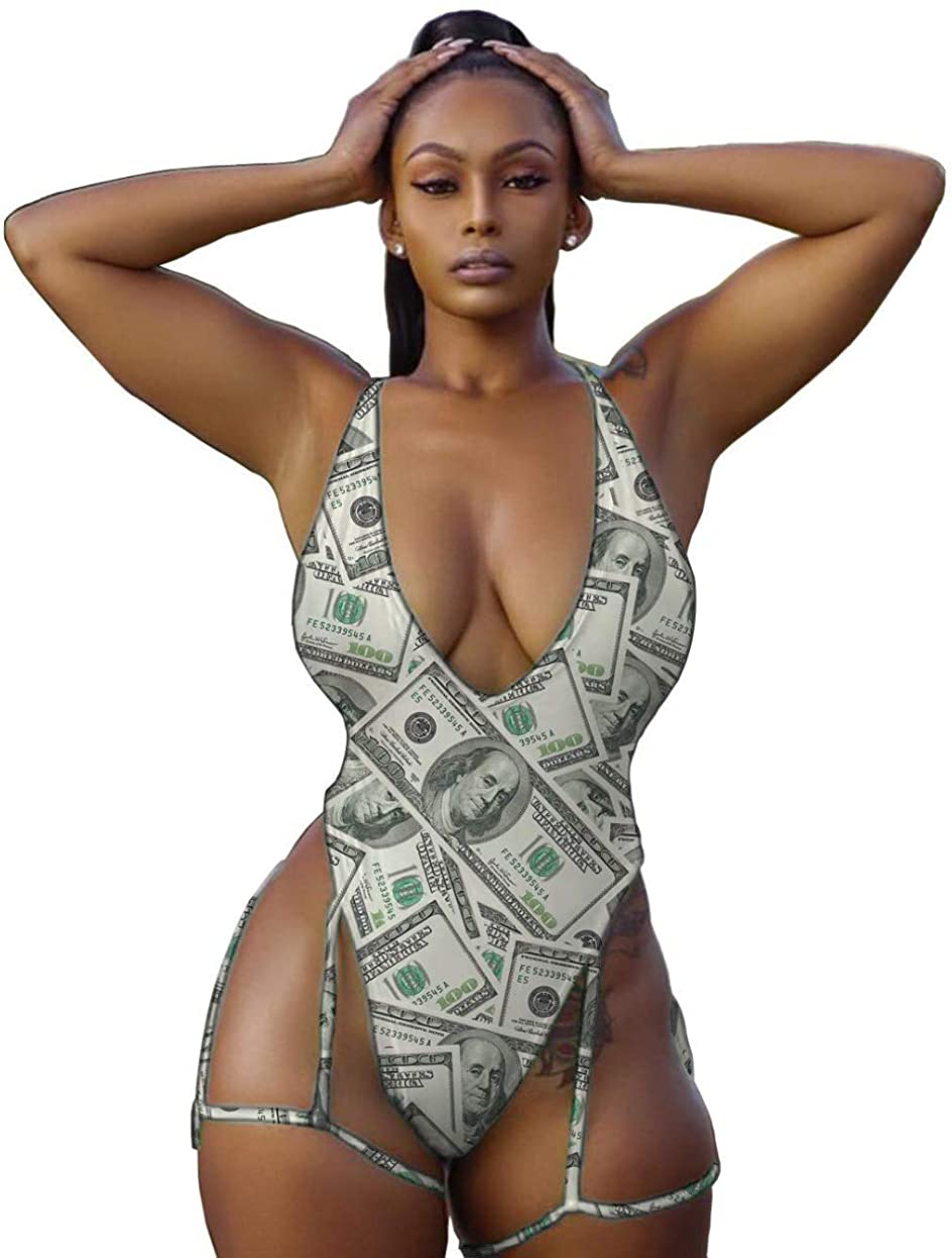 Price:$20.99 Womens One Piece Money Dollar Print High Cut Bodysuit Swimsuit Bikini Swimwear Bathing Suit with Leg Garter at Amazon Women’s Clothing store