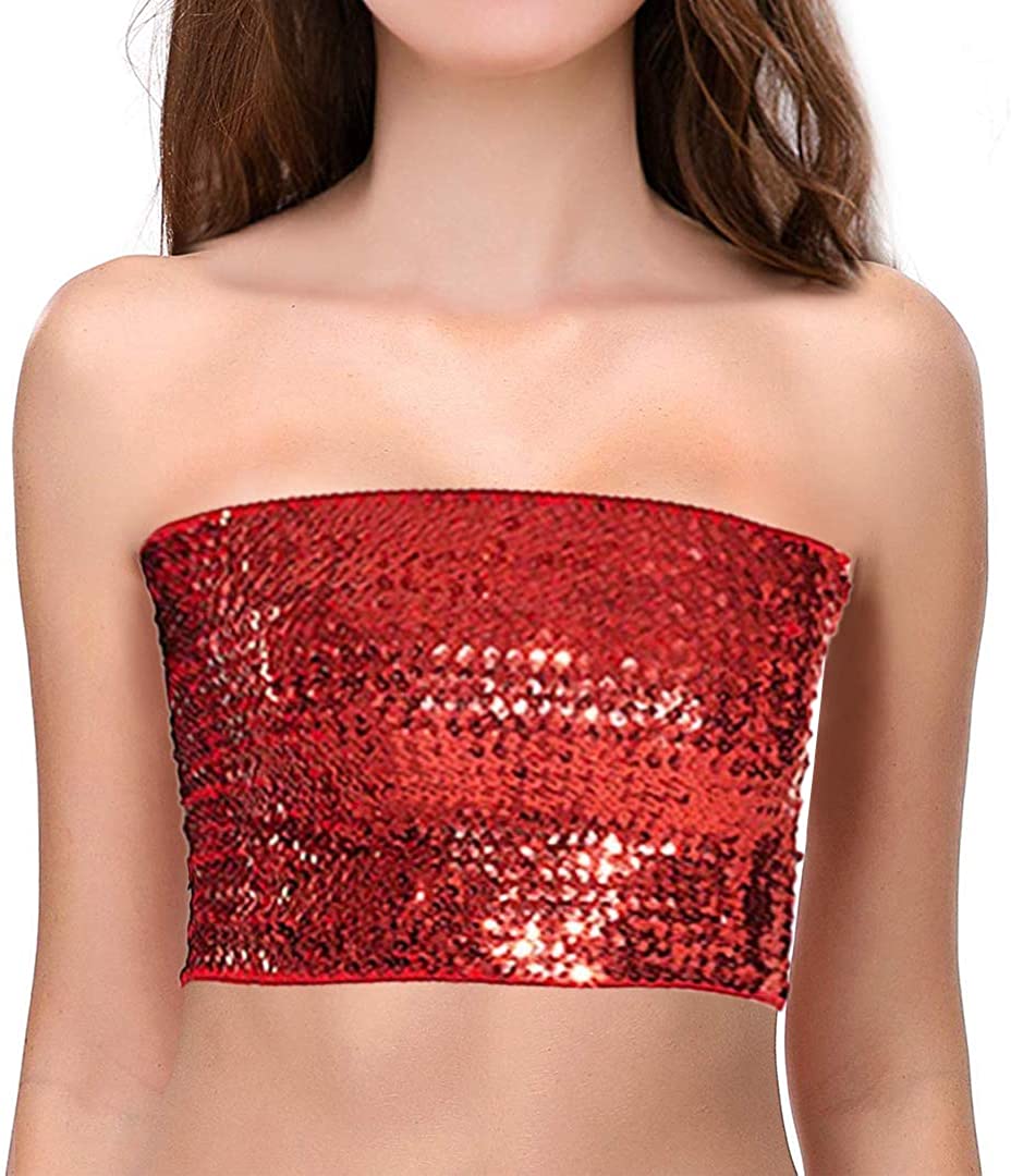 Price:$10.99 Women Sparkly Sequins Tube Top Sexy Stretch Crop Top Vest Camisoles Party Clubwear Red at Amazon Women’s Clothing store