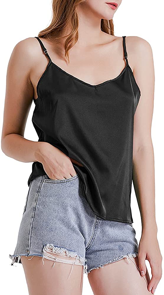 Price:$18.99 Strap Cami Tank Tops Satin Camisole Silky Loose Pajamas for Women at Amazon Women’s Clothing store