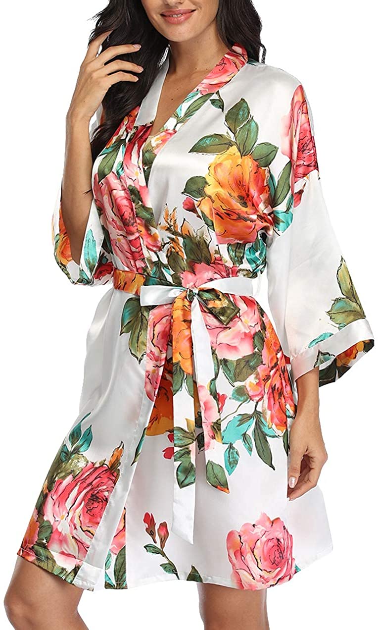 Price:$8.99 Women's Satin Short Floral Bridesmaids Robes Kimono Robe Dressing Gown for Wedding Party at Amazon Women’s Clothing store