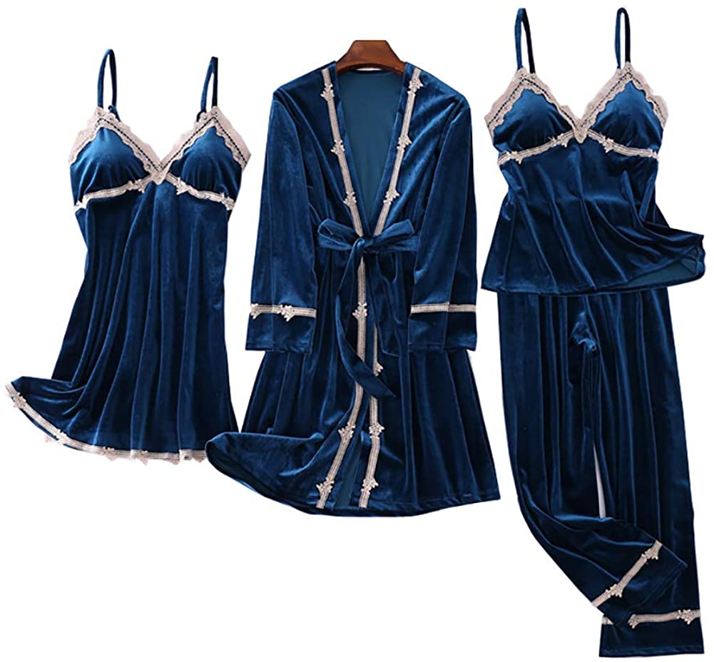 Price:$41.99 Womens Velvet Long Sleeve Pajama Sets 4 pcs Sexy Lingerie Lace Robe Warm Top and Pants Sleepwear Suits Nightgown : Clothing, Shoes & Jewelry
