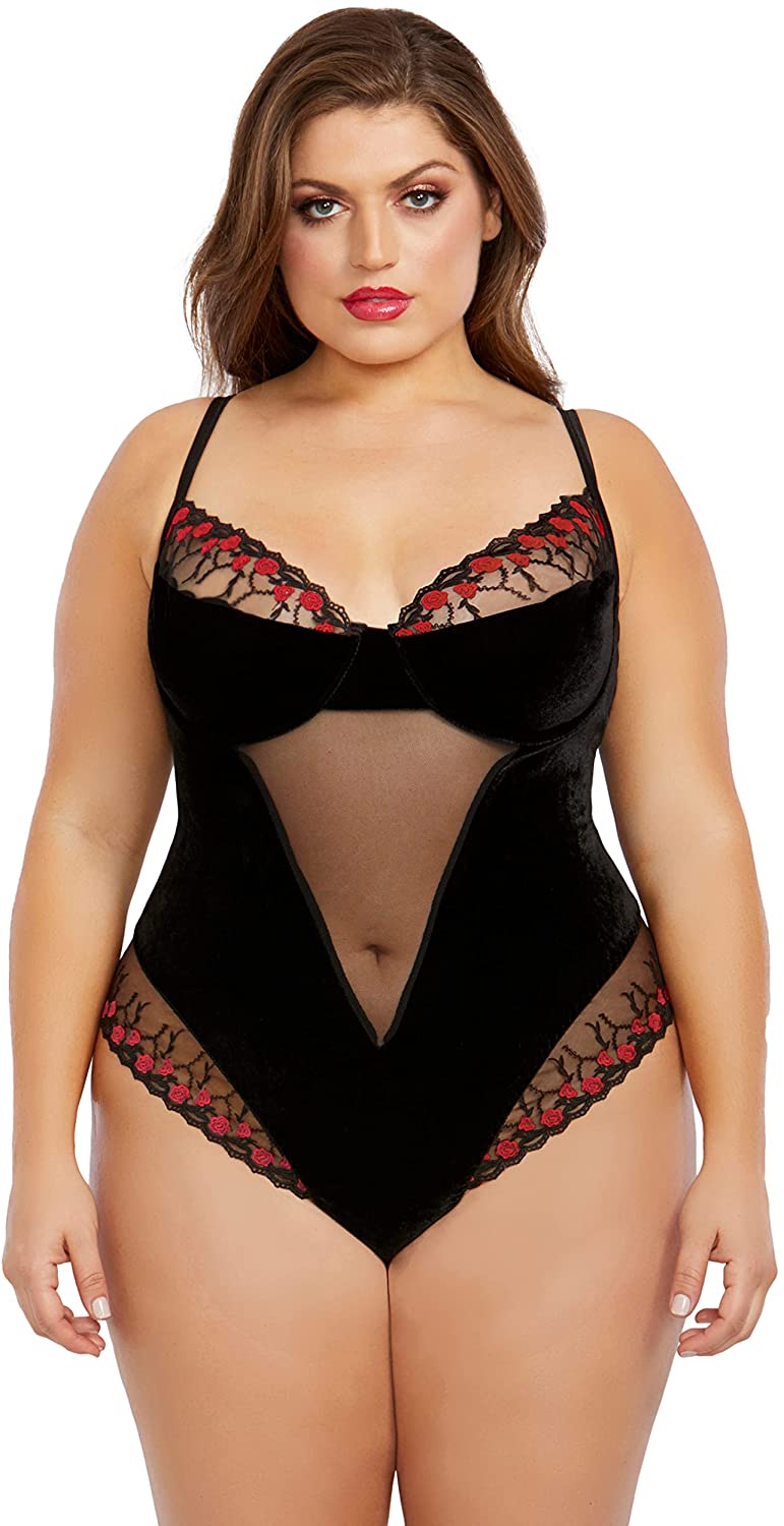 Price:$27.60 Plus Size Stretch Velvet & Lace Underwire Teddy with Snap Crotch & Tie Back Details Black: Clothing, Shoes & Jewelry