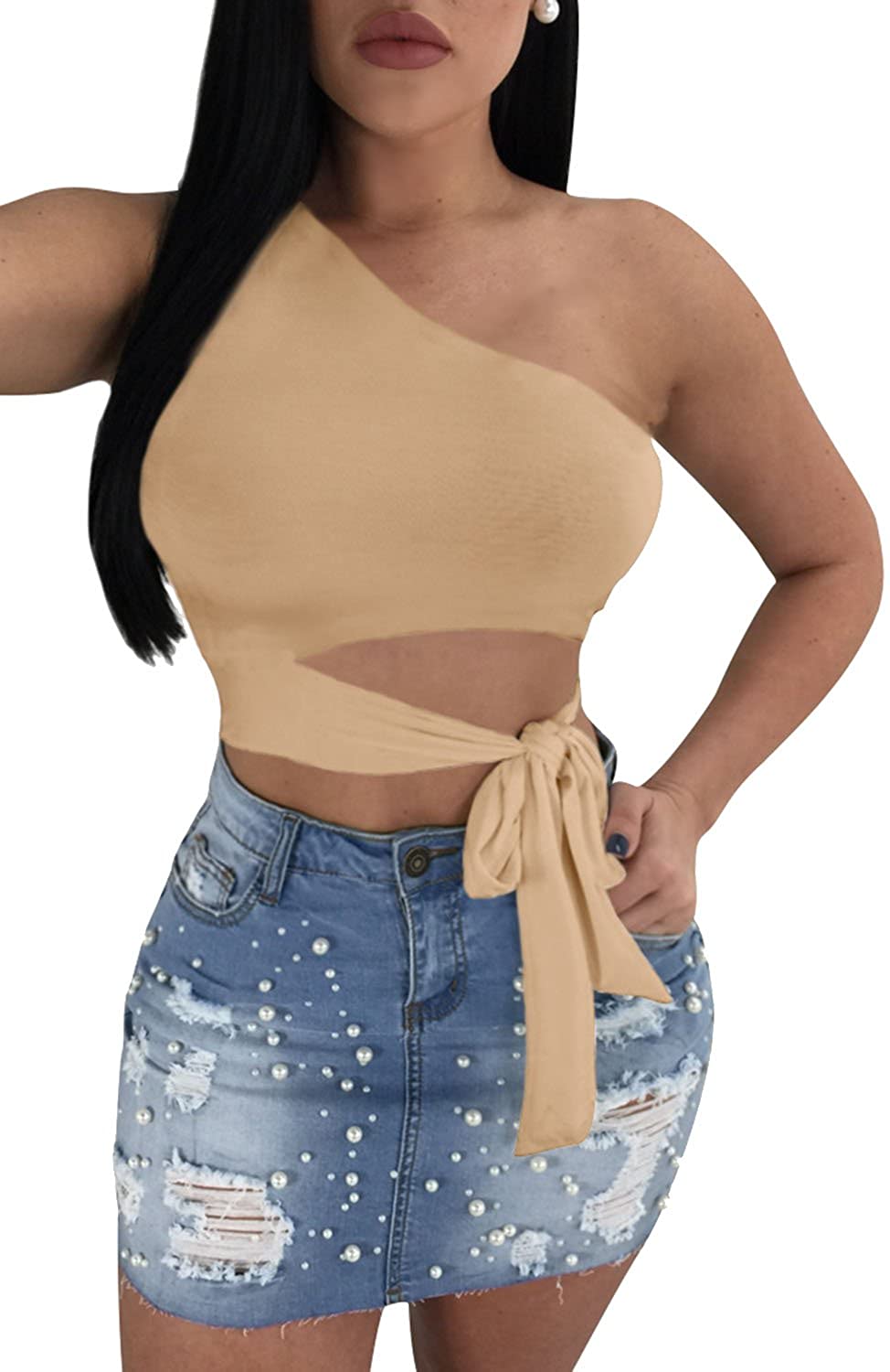 Price:$12.98 Women's Sexy One Shoulder Bandage Sleeveless Crop Tank Top at Amazon Women’s Clothing store