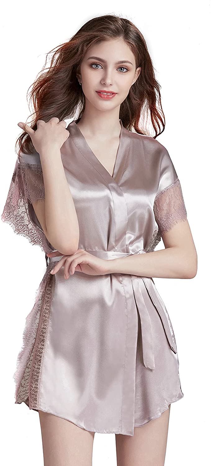 Price:$26.99 MACON - Womens' Charmeuse Multi-colors Silky Satin Cami & Flare Pants PJ set and Sexy Side Split Robe with Lace Trim at Amazon Women’s Clothing store