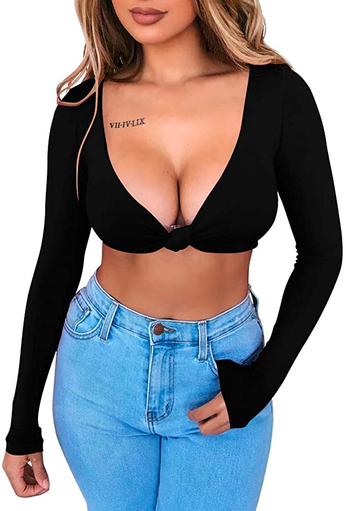 Price:$9.99 Women's Long Sleeve Sexy Deep V Ncek Elastic Knot Leisure Crop Top at Amazon Women’s Clothing store