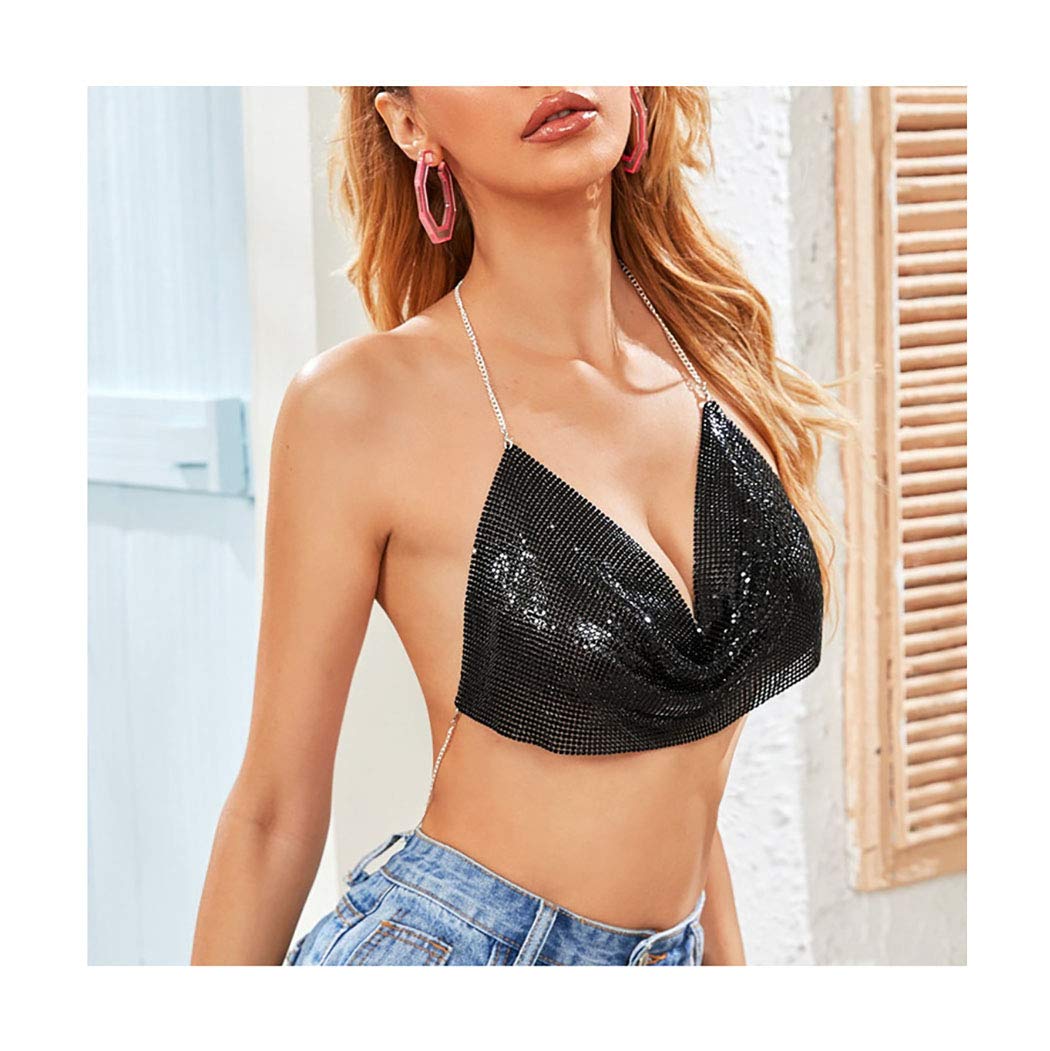 Price:$11.66 Sexy Sequin Body Chain Black Bikini Bar Chains Nightclub Party Clubwear Halter Backless Cami Crop Top for Women : Clothing, Shoes & Jewelry