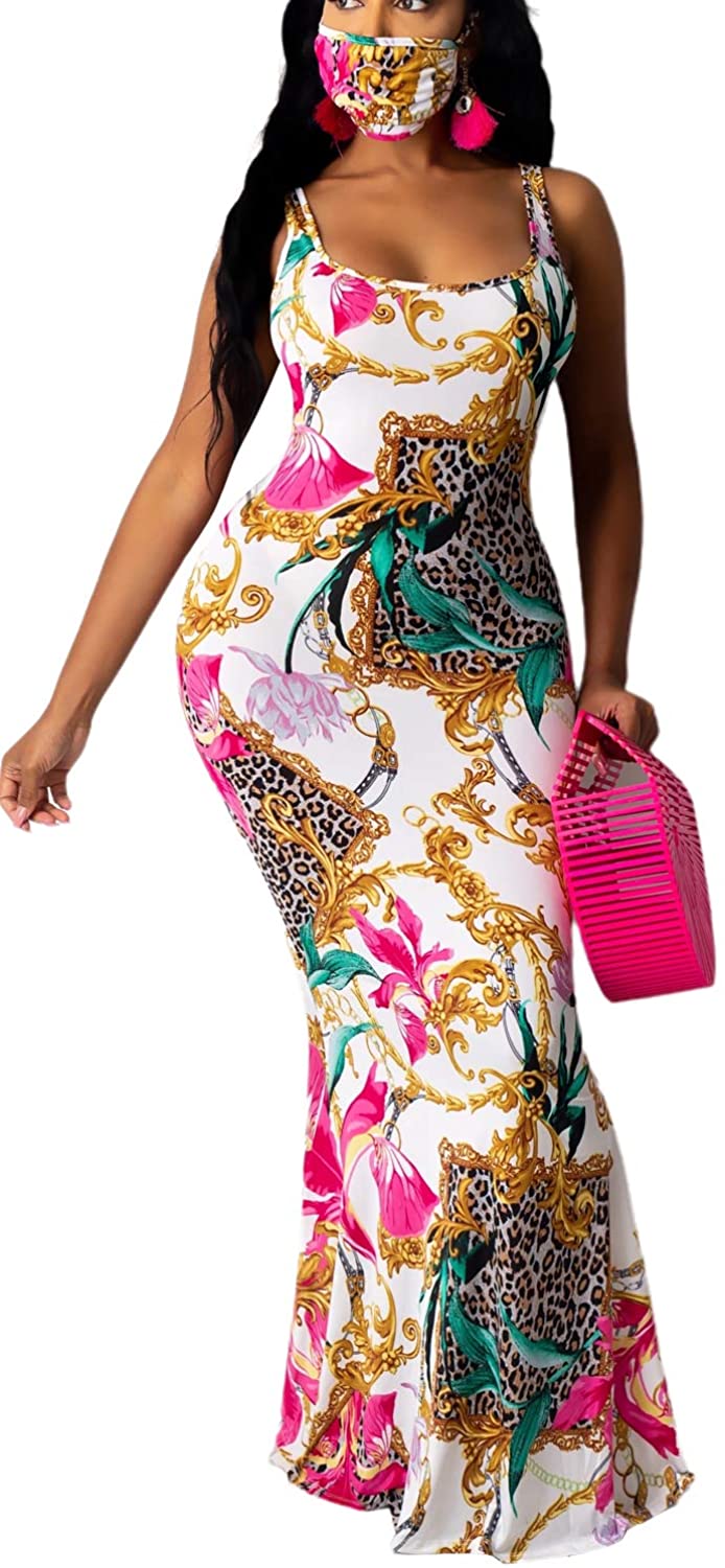 Price:$25.99 Sexy Bodycon Tanks Dresses Elegant Sleeveless Printed Basic Club Long Dress with Mask : Clothing, Shoes & Jewelry