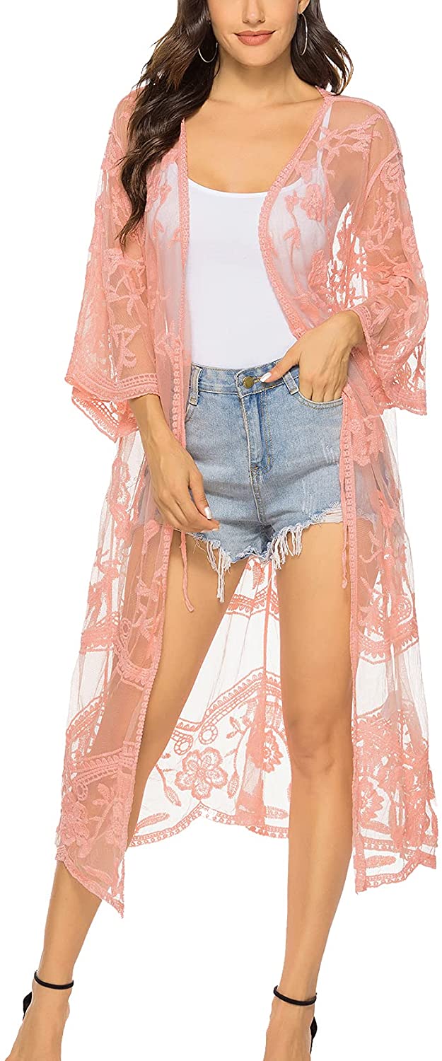 Price:$23.99 Women's Flowy Bathing Suit Kimono Cardigan Lace Crochet Swimwear Floral Cover Ups Pink at Amazon Women’s Clothing store