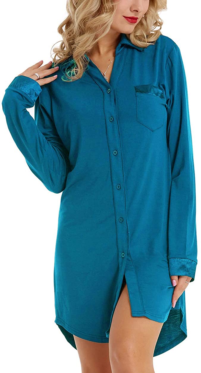 Price:$17.99 Womens Nightgown Long Sleeve Button Down Pajama Top Soft Sleepwear Nightshirt Lapel Nightdress at Amazon Women’s Clothing store