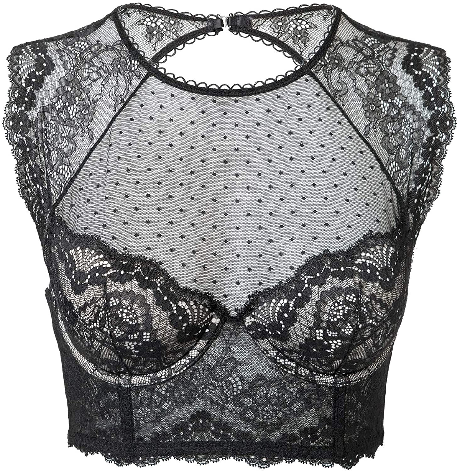 Price:$23.99 Women's Lace Bralette Crop Top Bra High Neck Underwire Plus Size Padded Bustier at Amazon Women’s Clothing store