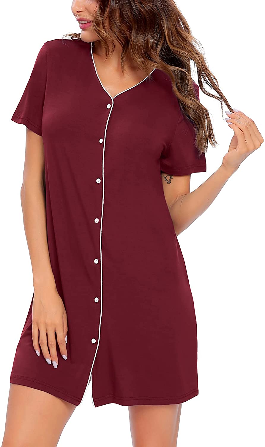 Price:$12.99 Women's Button Down Nightgown Short Sleeve Nightshirt V-Neck Sleepwear Boyfriend Sleepshirt Pajama Dress at Amazon Women’s Clothing store