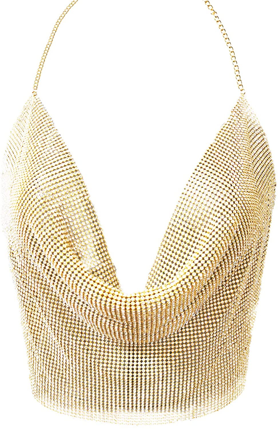 Price:$17.99 Women's Sexy Shiny Rhinestones Chain Halter Plunge Sleeveless Metal Sequin Crop Top Backless at Amazon Women’s Clothing store