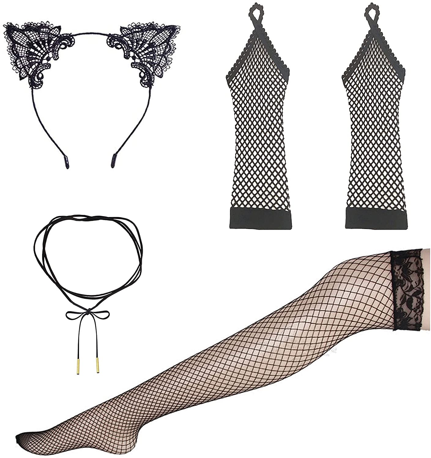 Price:$13.99 Cat Ears Headband Black Necklace Lace Stockings Net Gloves Women Kitty Kitten Hair Hoops Headpiece Choker Collarbone Chain Sexy Masquerade Birthday Xmas Party Cosplay Costume Accessories : Clothing, Shoes & Jewelry