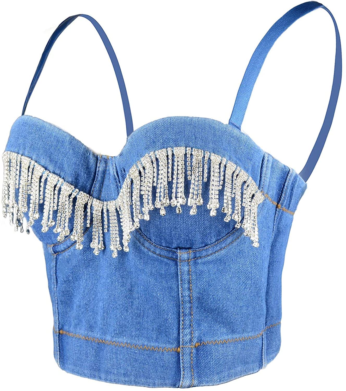 Price:$28.99 Fringe Denim Sexy Women's Bustier Crop Top Club Party Corset Top Bra at Amazon Women’s Clothing store