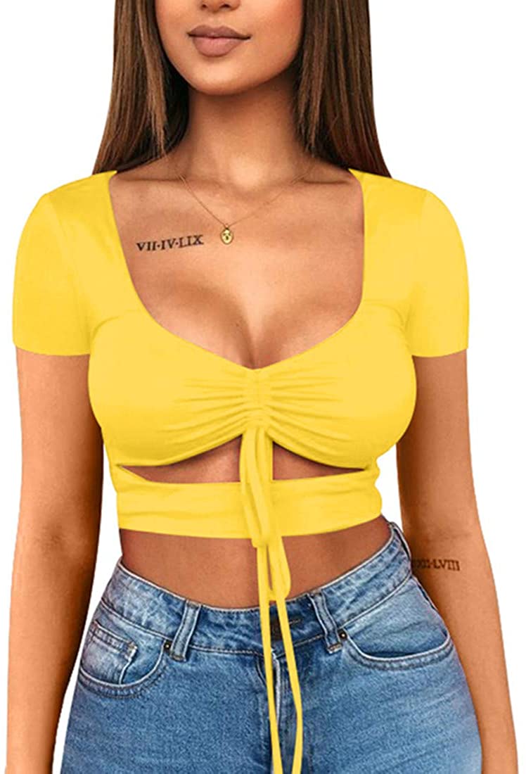 Price:$12.99 Women's Sexy Ruched Tie Up Crop Top Basic Long Sleeve Cut Out T Shirt at Amazon Women’s Clothing store