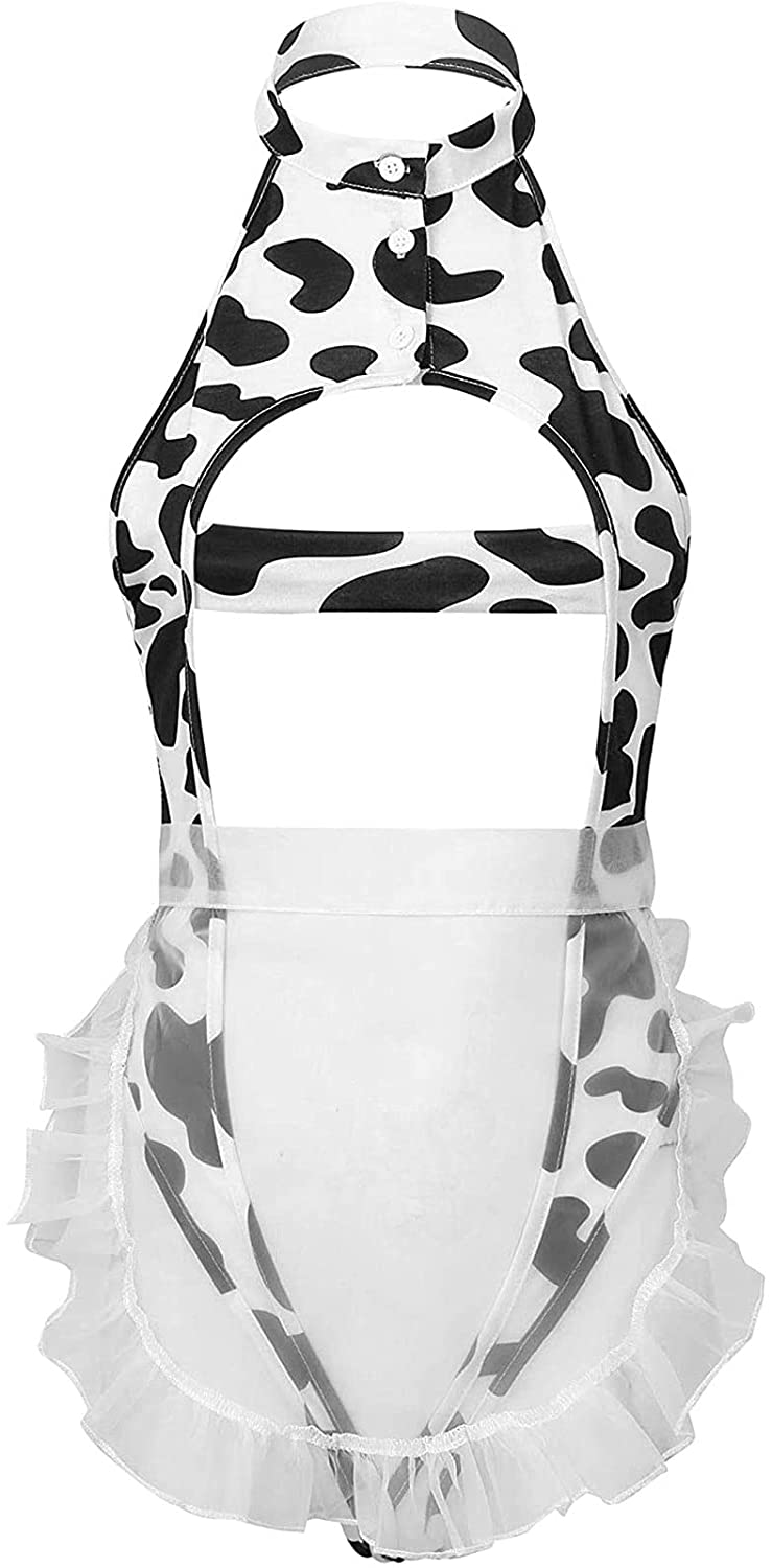 Price:$22.99 Women's Two Piece Milk Cow Print Halter Neck Leotard Bodysuit Thong Sheer Mesh Maid Apron Cosplay Costume Set (Black &White-A): Clothing, Shoes & Jewelry