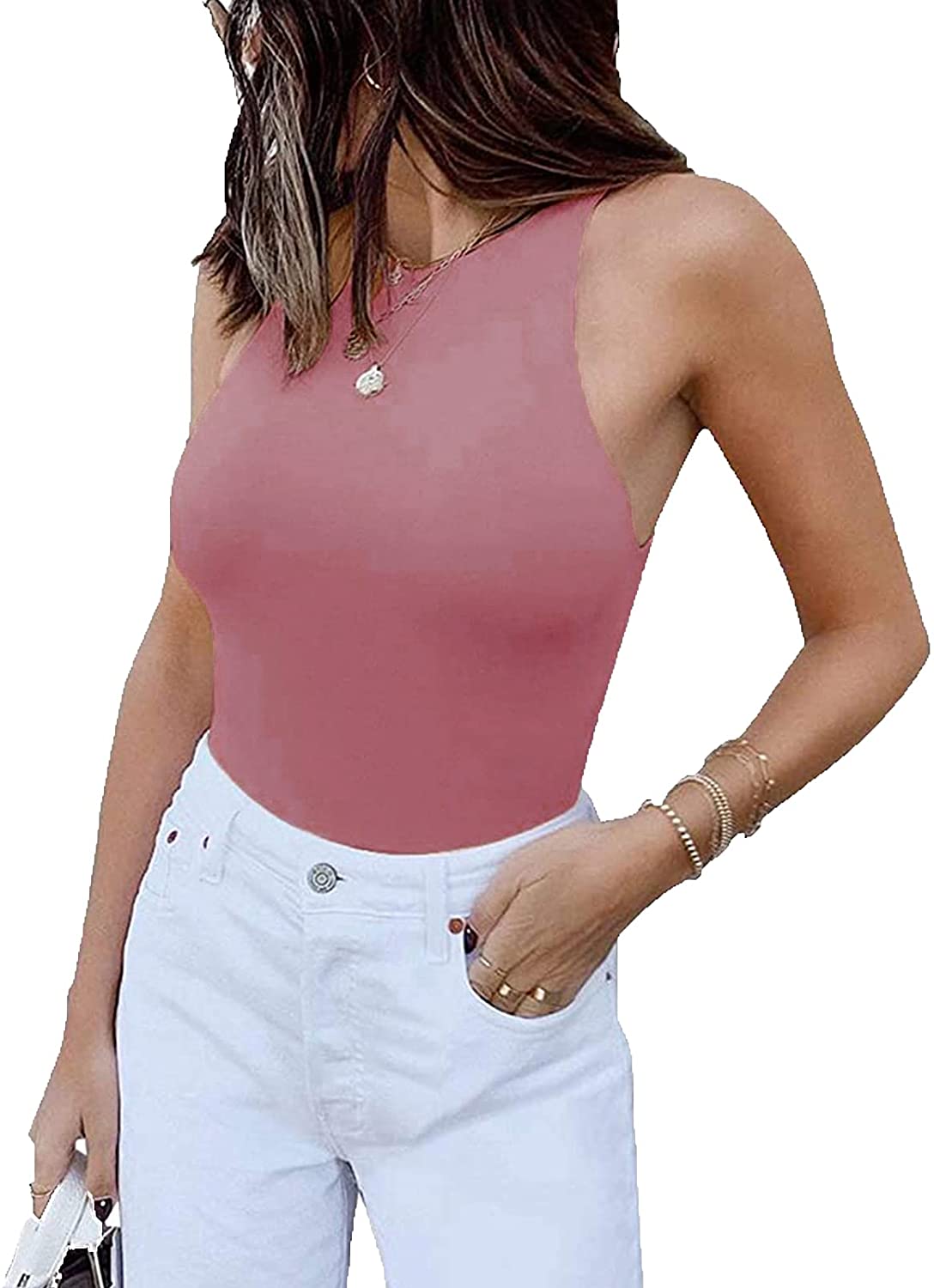 Price:$16.99 Women's Sleeveless Halter Racerback Fitted Tank Clubwear One Piece Bodysuit : Clothing, Shoes & Jewelry