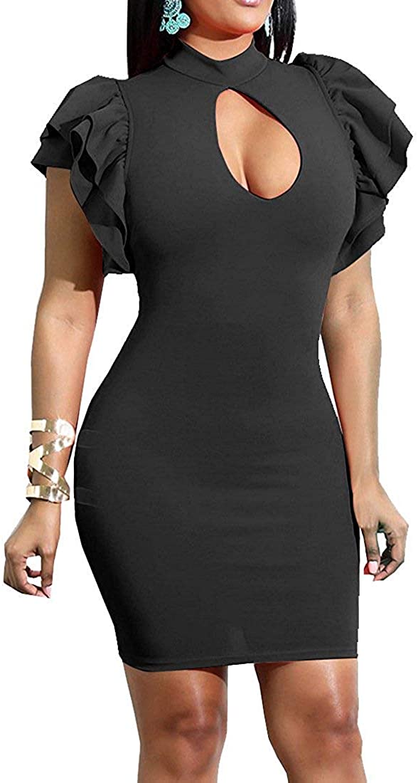Price:$19.99 Women's Sexy Ruffle Short Sleeve Hollow Out Bodycon Party Mini Club Dress : Clothing, Shoes & Jewelry
