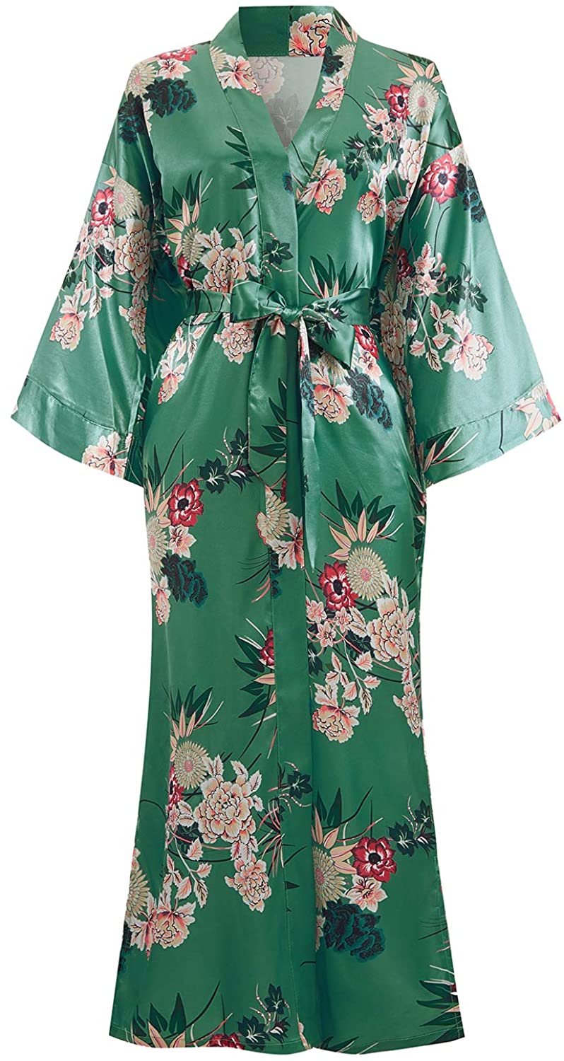 Price:$23.99 Long Satin Robes Kimono Robe Silky Bridesmaid Wedding Bachelorette Party Bathrobe Floral Sleepwear at Amazon Women’s Clothing store