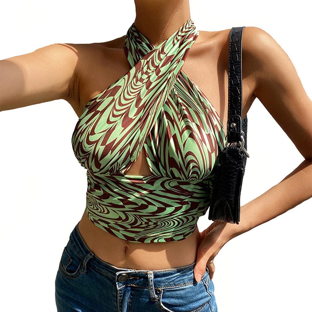Price:$13.99 Women Sexy Y2K Wave Print Halter Backless Crop Top Summer Harajuku Cami Tee Ruched Shirring Skinny Corset Top at Amazon Women’s Clothing store