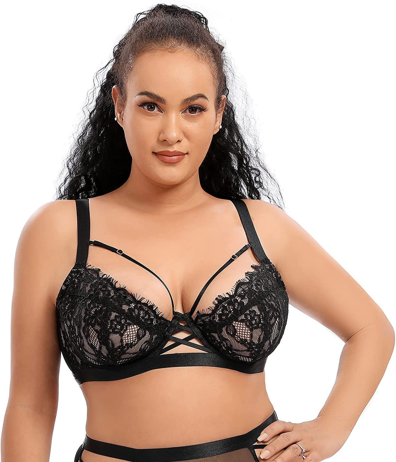 Price:$37.99 Women's Minimizer Eyelash Lace Bra Plus Size Full Figure Non-Padded Bra Underwire Unlined Sheer Bra at Amazon Women’s Clothing store