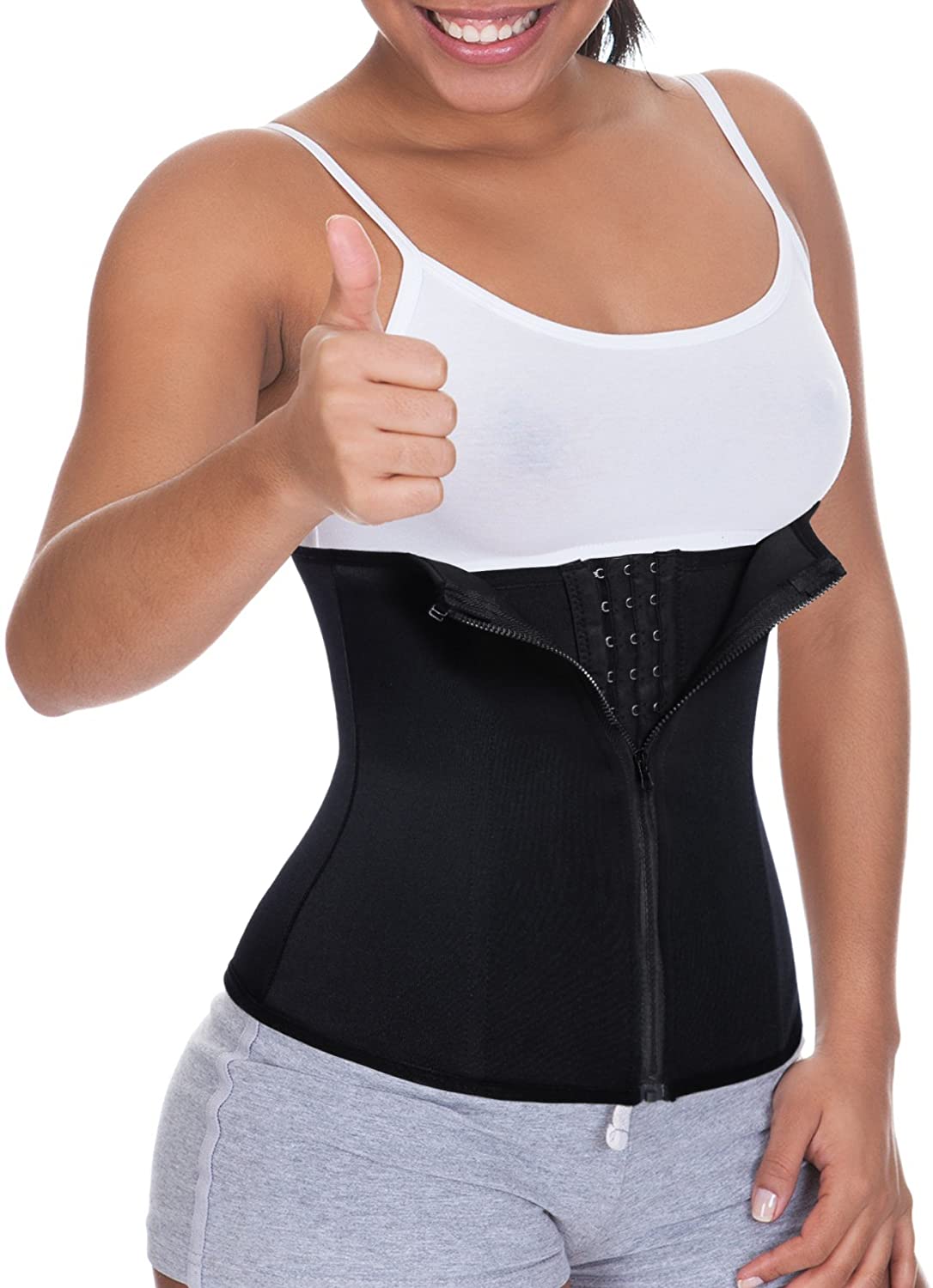 Price:$19.99 Waist Trainer Corset Cincher Zipper Body Shaper Girdle Top Tummy Underwear Shapewear Workout Shirt at Amazon Women’s Clothing store