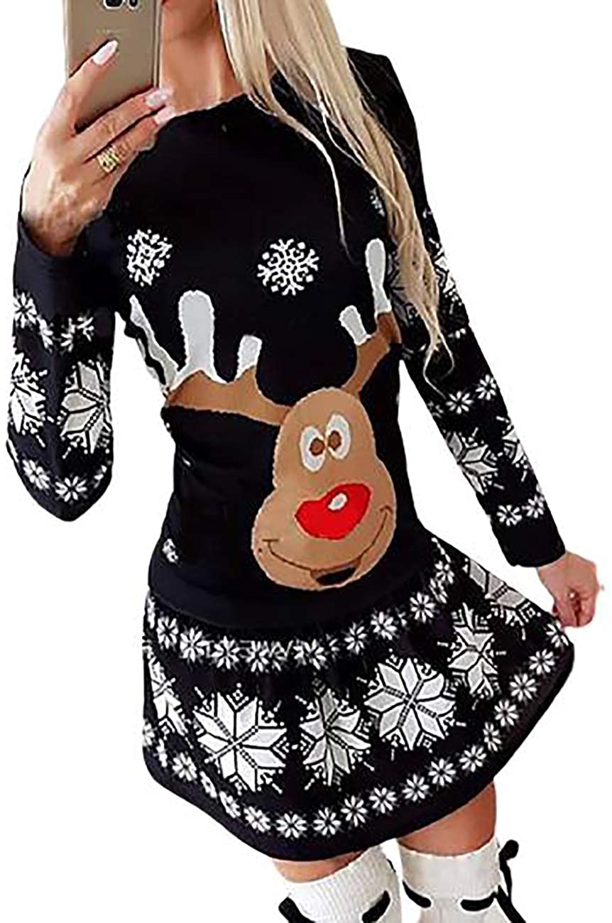 Price:$25.99 Women’s Christmas Dress Moose Snowflake Print Long Sleeve Flowy A-Line Dress at Amazon Women’s Clothing store