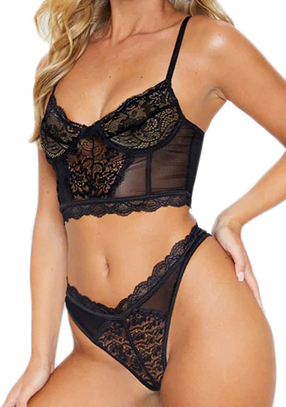 Price:$20.99 Bustier Lingerie for Women,Sexy Sheer Lace Mesh Lingerie Set, 2 Piece Bralette Bra and Panty Sets Valentine Black Medium: Clothing, Shoes & Jewelry
