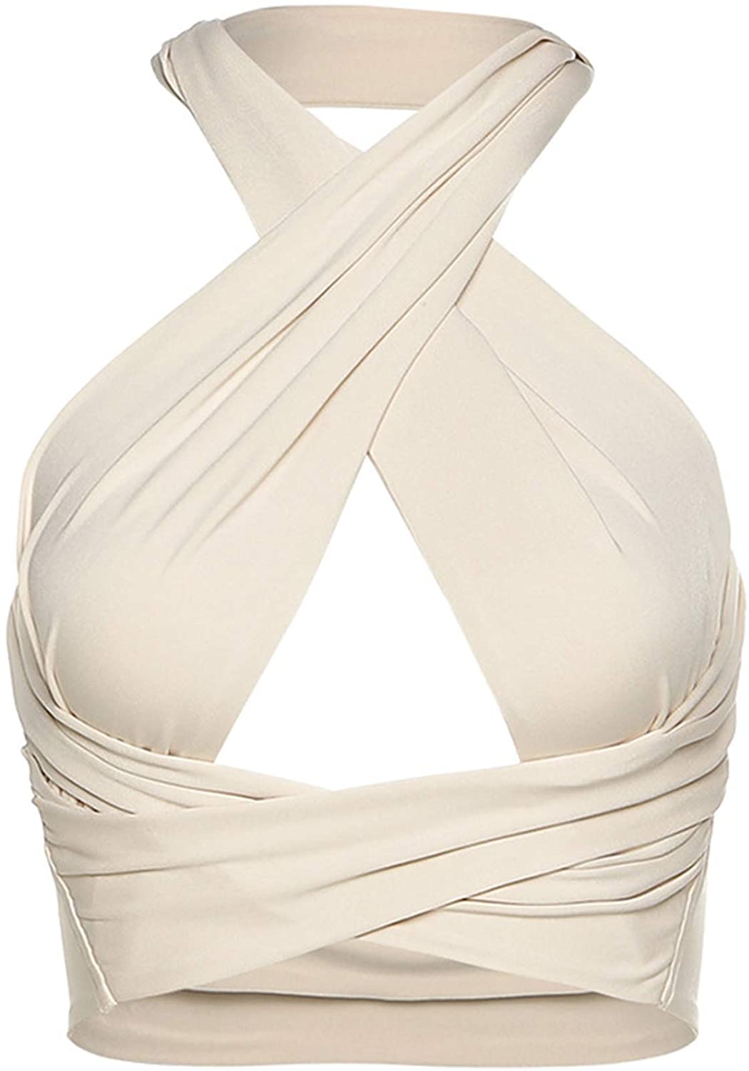 Price:$13.99 Halter Wrap Tank Top Cut Out Bustier Cami Criss Cross Bandage Crop Halter Top at Amazon Women’s Clothing store