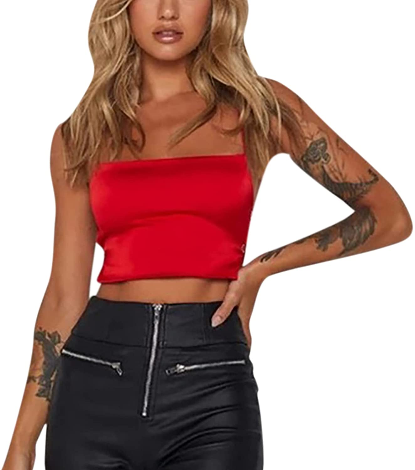 Price:$13.99 Zebra Print Satin Silk Crop Tank Bandeau Top Sexy Spaghetti Strap Backless Cami Vest Blouse Shirt at Amazon Clothing store