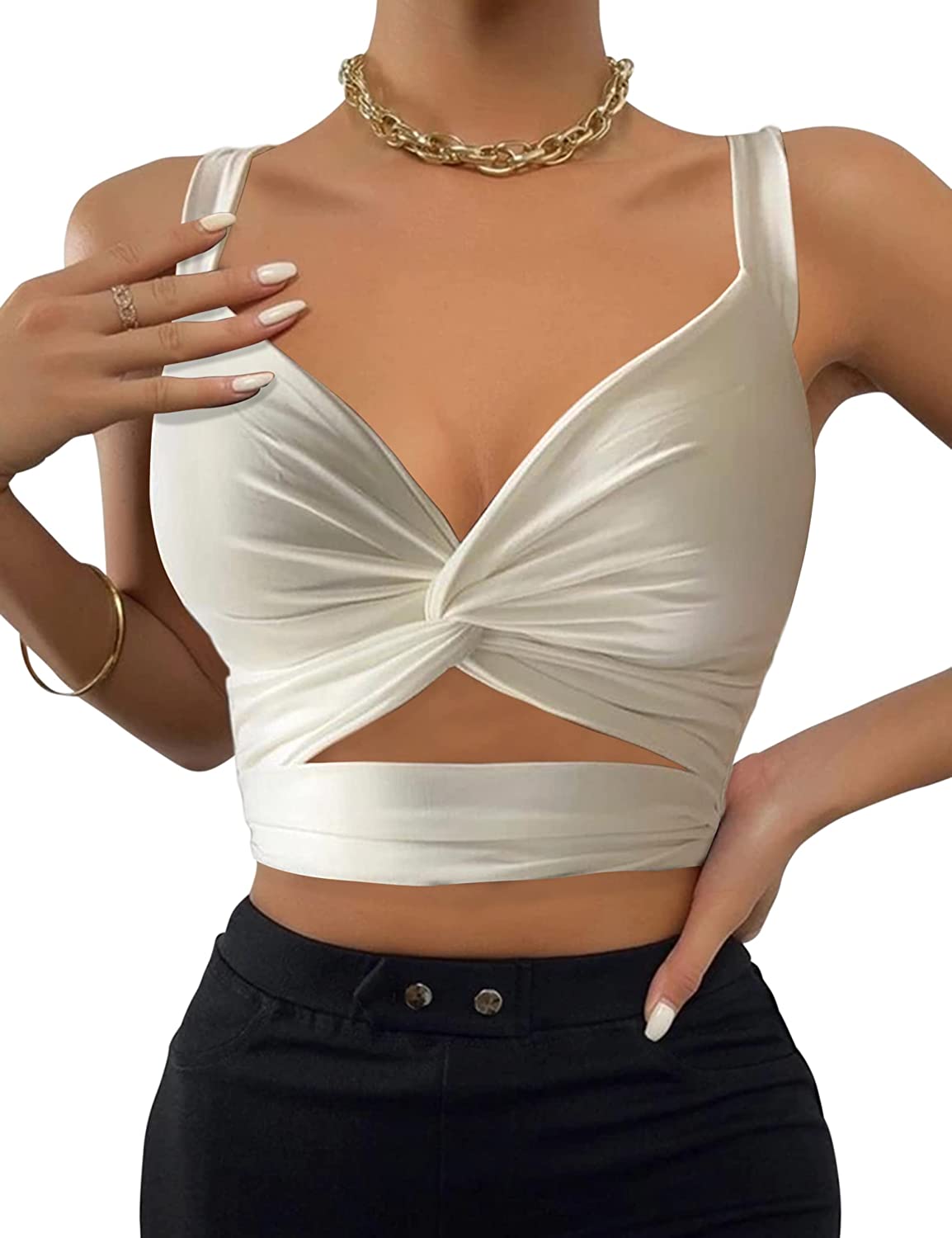 Price:$17.99 Women Slim Fit Ruched Crisscross Deep V Neck Bandage Cropped Vest Solid Lace Up Sleeveless Crop Tank Tops at Amazon Women’s Clothing store