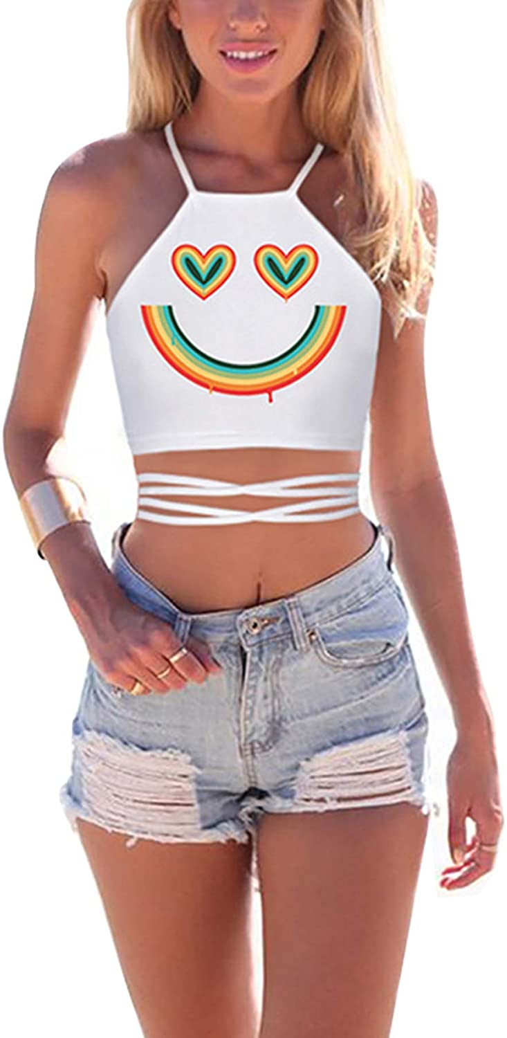 Price:$13.98 Women's Summer Rainbow Printed Halter Neck Criss-Cross Boho Bandage Tank Camis Crop Top Vest (White) at Amazon Women’s Clothing store