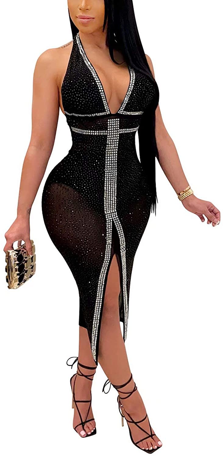 Price:$9.99 Lora Women's Sexy Studded Hollow Out High Neck Bodycon Mini Club Dress : Clothing, Shoes & Jewelry