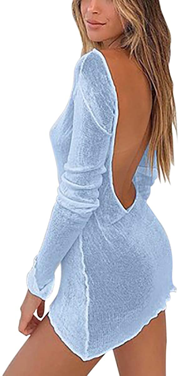 Price:$24.99 See Through Thin Knitted Beachwear Sheer Mini Dress,Sexy Solid Backless Bikini Cover Up Long Sleeve Short Dress at Amazon Women’s Clothing store