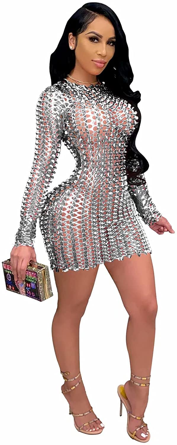 Price:$19.99 Cut Out Dress for Women Hollow Out See Through Long Sleeve Mini Sparkle Fashion Dress : Clothing, Shoes & Jewelry
