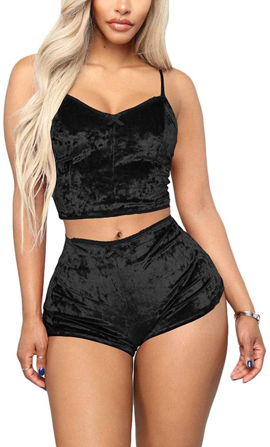 Price:$9.99 Women's Velvet 2PCS Outfits Spaghetti Strap Crop Top and Shorts Pajama Sets Pjs Lounge Wear at Amazon Women’s Clothing store