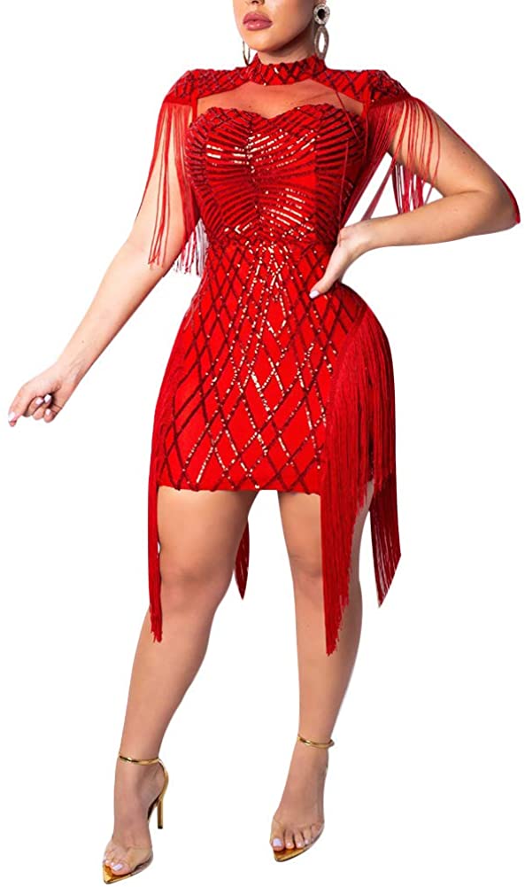 Price:$19.99 Sexy Bodycon Mini Dress - Women Sequins Tassels Mock Neck Party Club Pencil Dresses Birthday : Clothing, Shoes & Jewelry