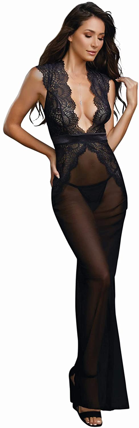 Price:$39.50 womens Sheer Mesh and Scalloped Lace Full Length Gown With G-string: Clothing, Shoes & Jewelry